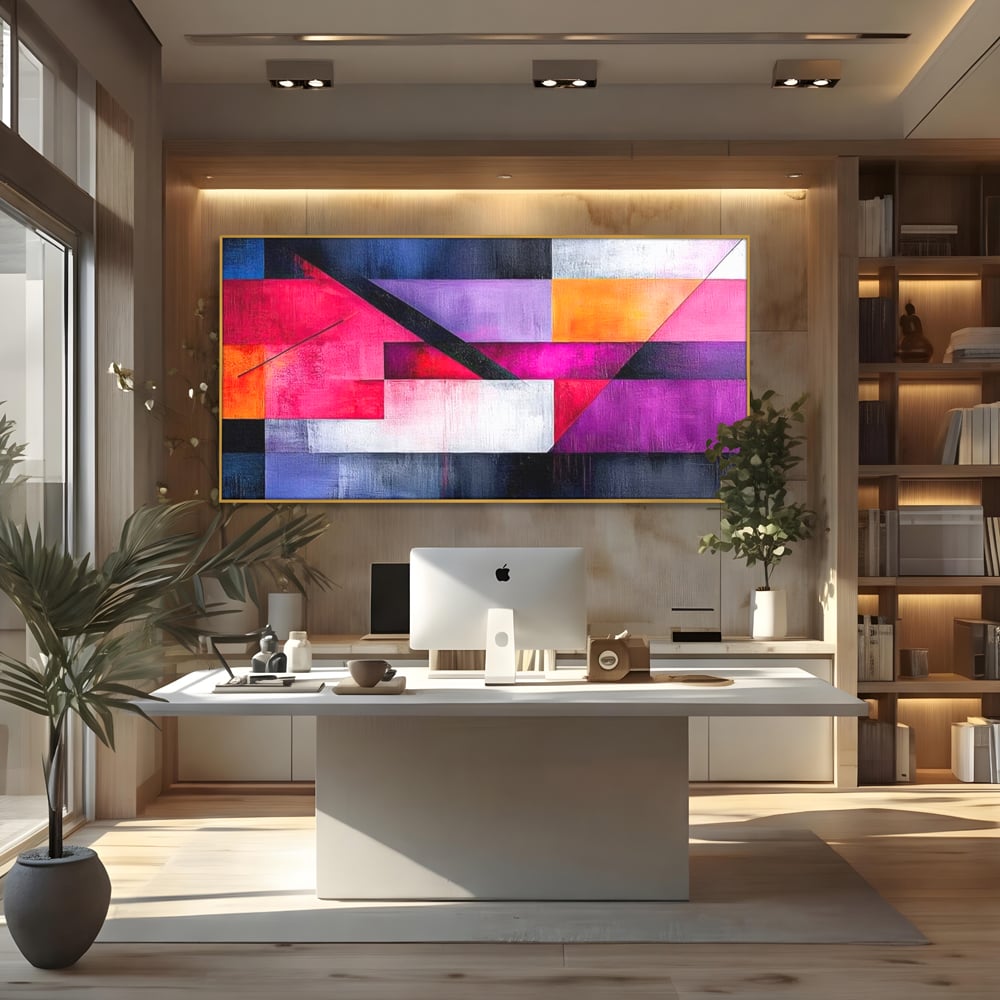 Tablou canvas cu tablou canvas cu compozitie geometrica abstracta, in rama de aluminiu auriu, pe perete intr-un birou
